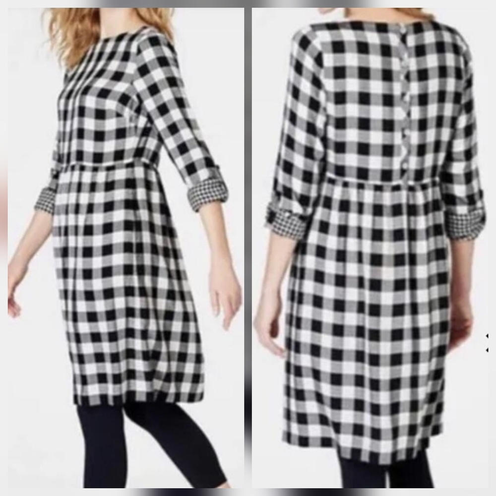 J.JILL Dress Womens M Petite Black White Buffalo Plaid Cottagecore Farmhouse